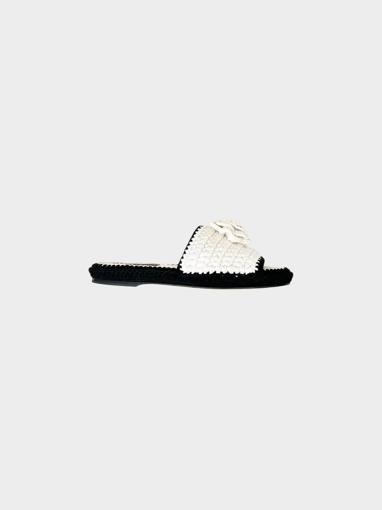Chanel 2023 Ivory and Black Crochet Camellia Sandals