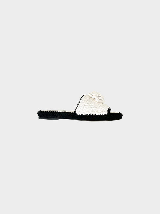Chanel 2023 Ivory and Black Crochet Camellia Sandals