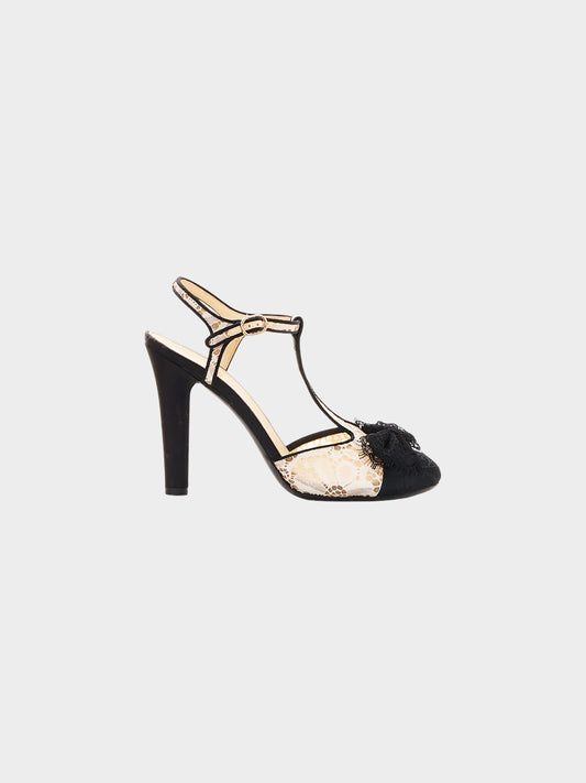 Chanel by Karl Lagerfield Early 2000s Black and White Lace Bow Heels