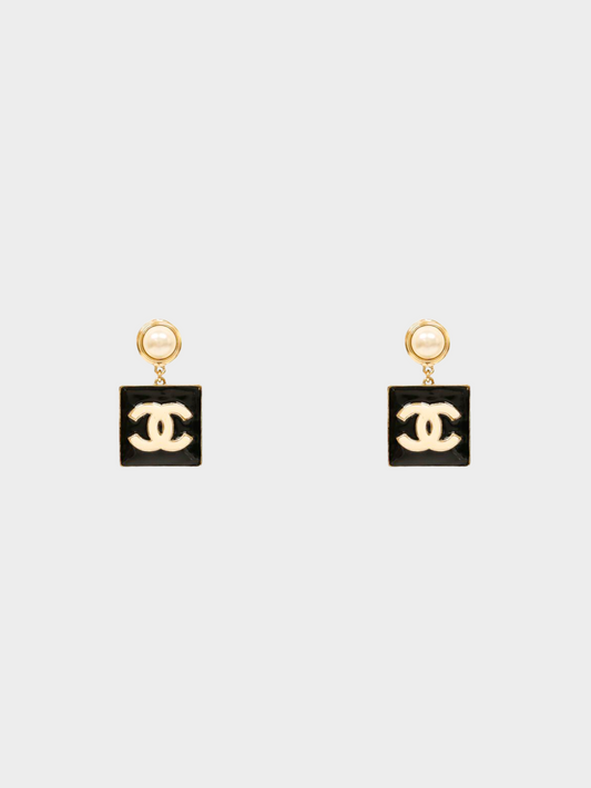 Chanel 2000s Gold CC Pearl Hanging Stud Earrings