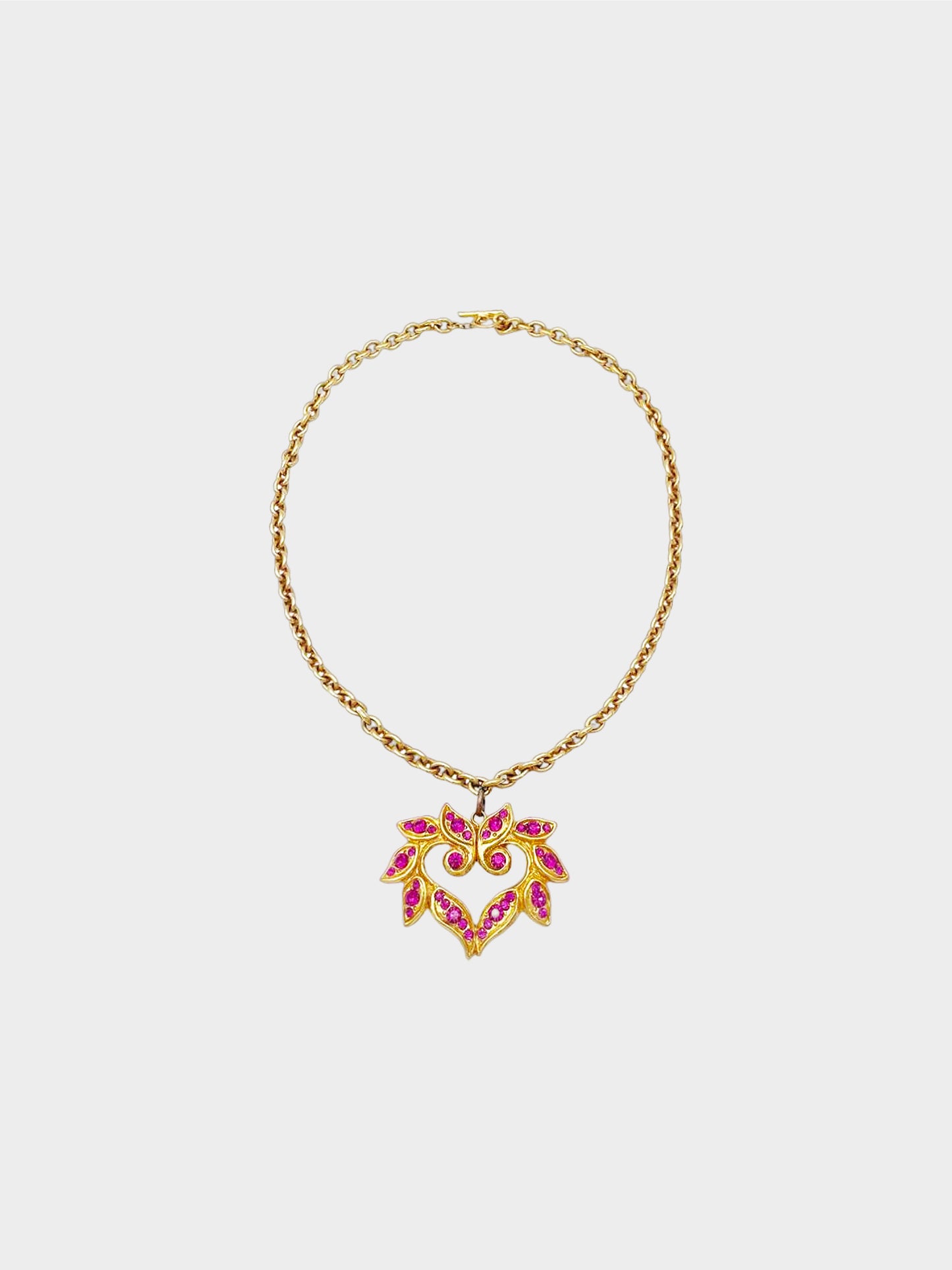 Christian Lacroix 1990s Pink Crystal Heart Pendant Chain Necklace