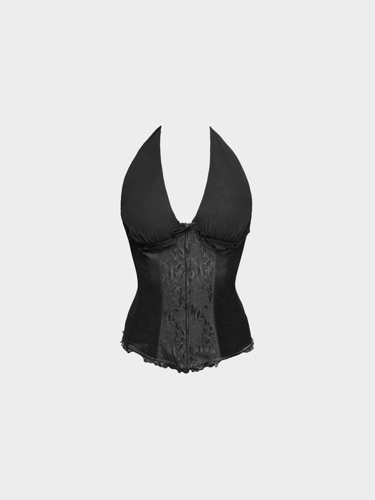 La Perla 2000s Black Silk Floral and Leaves Print Halter Top