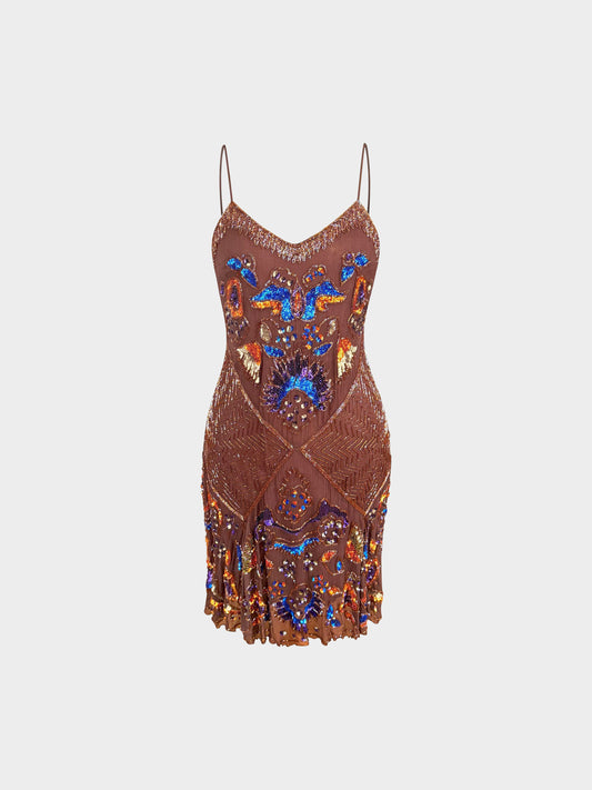 Blumarine 2000s Brown Silk Beads and Sequins Embroidered Slip Dress