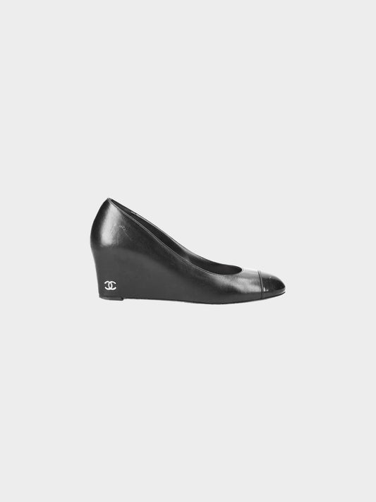 Chanel 2011 Black Lambskin Leather CC Wedge Pumps