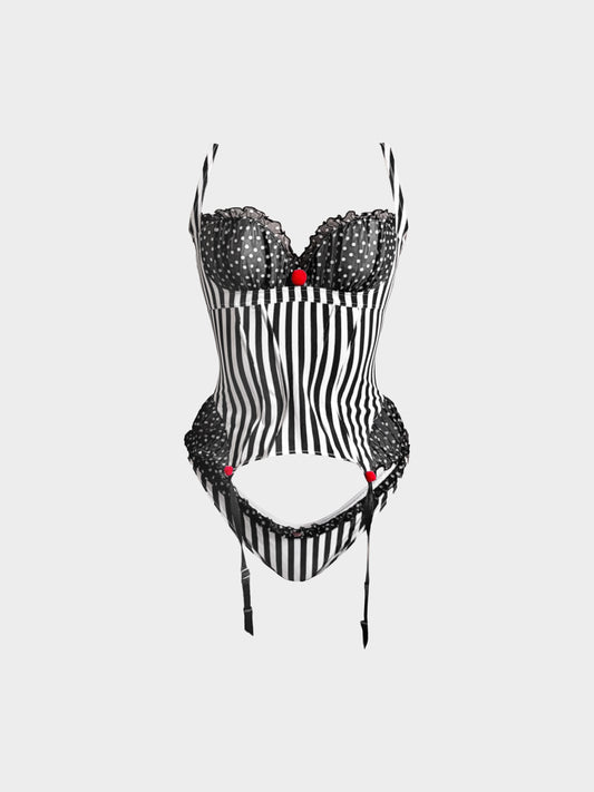 Chantal Thomass 2000s Black and White Stripe and Polka Dot Balconette Lingerie Set
