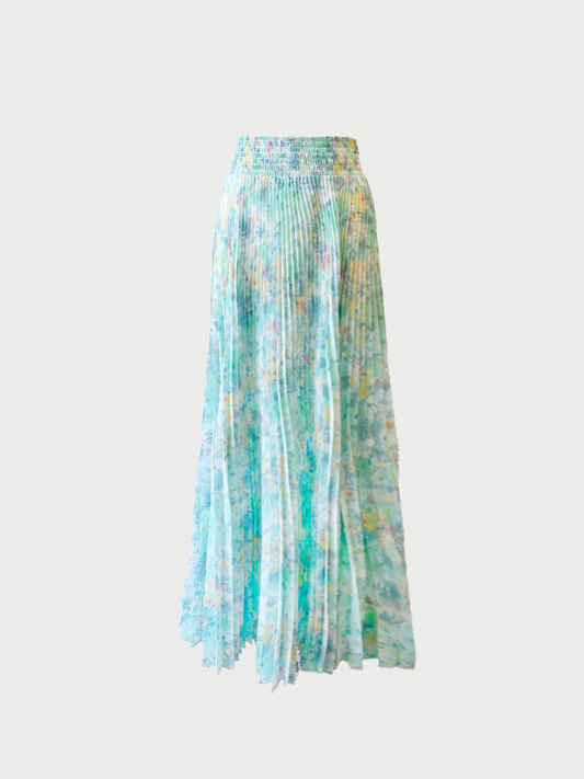 Prada 2010s Green Floral Print Pleated Maxi Skirt