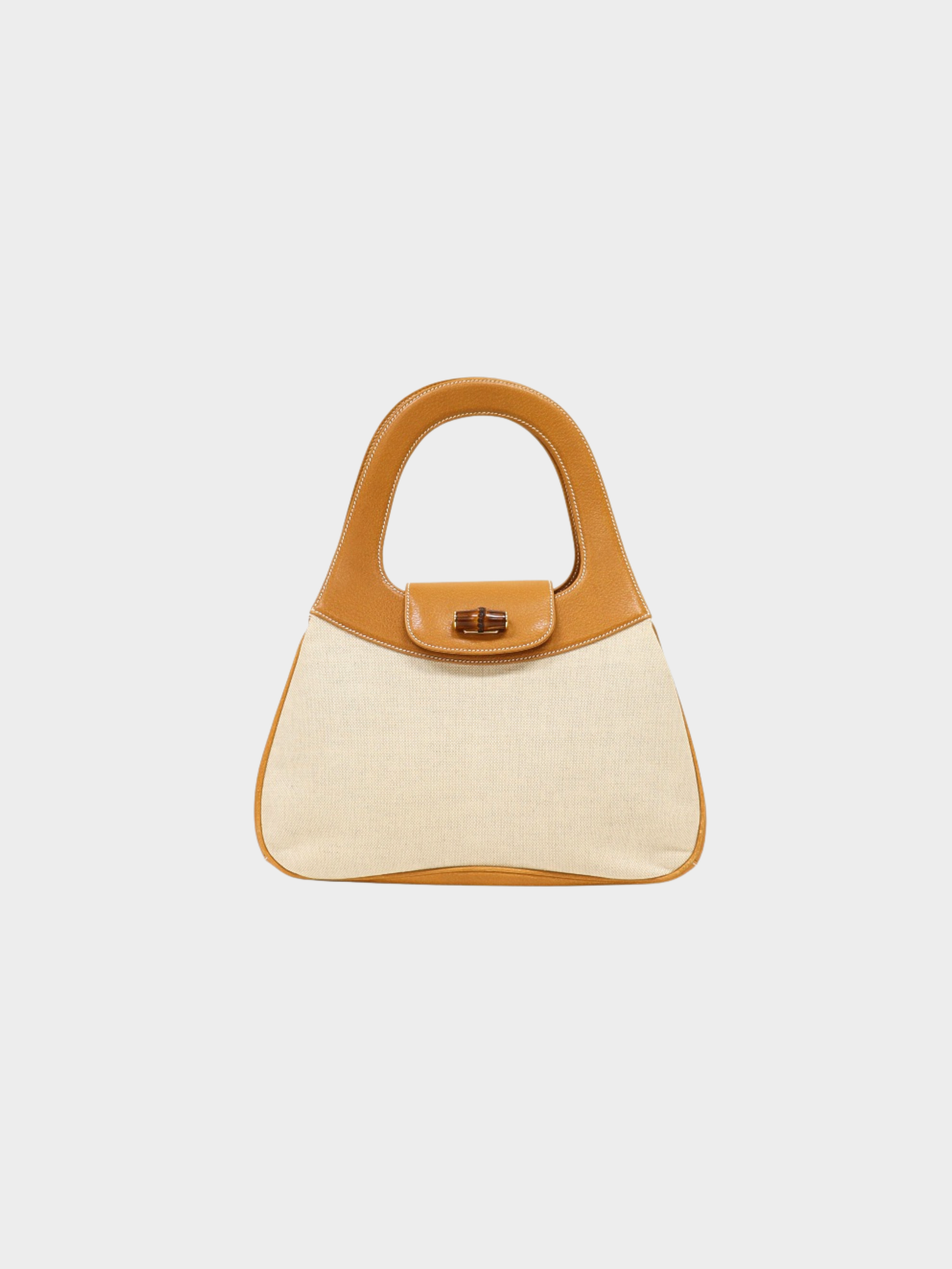 Gucci 2000s Ivory Brown Canvas Leather Bamboo Turn Lock Handbag