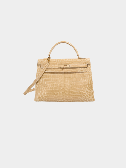Hermès 1990s Beige Crocodile Porosus Kelly 32 Bag