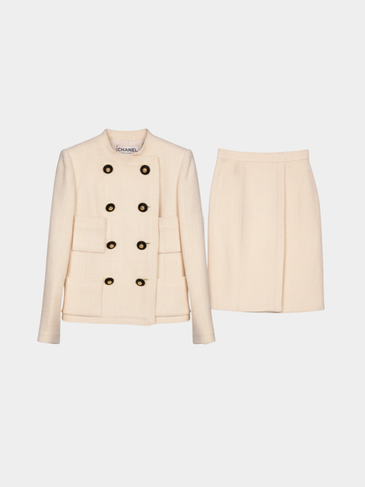 Chanel  1988 Ivory Black & Gold Double-Breasted Jacket and Skirt Set