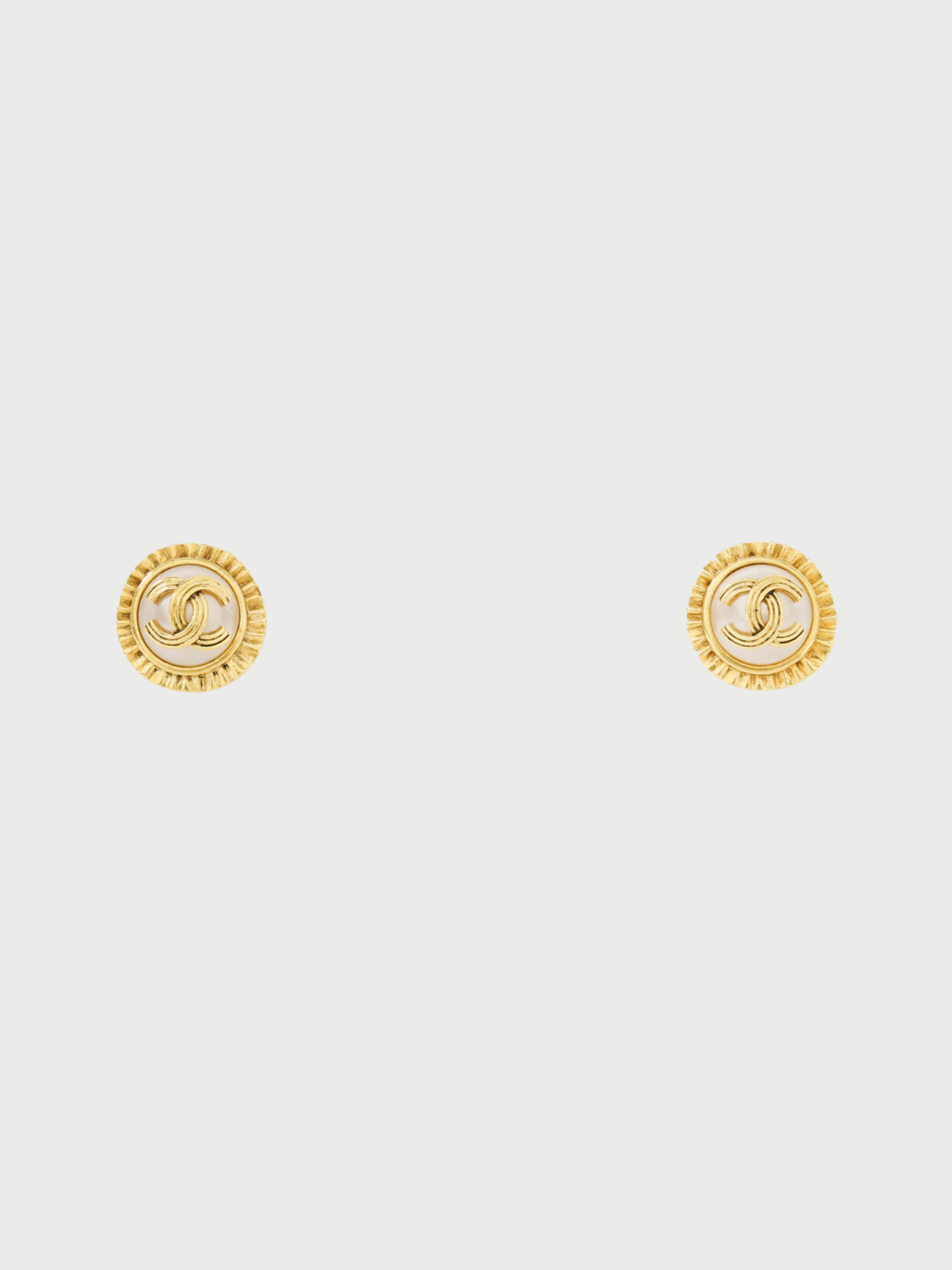 Chanel SS 1994 Gold Plated Metal Pearl COCO Round Earrings