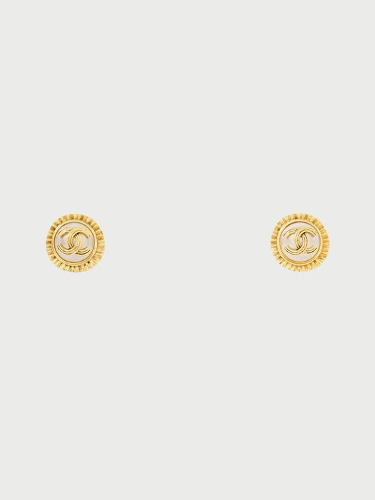 Chanel SS 1994 Gold Plated Metal Pearl COCO Round Earrings