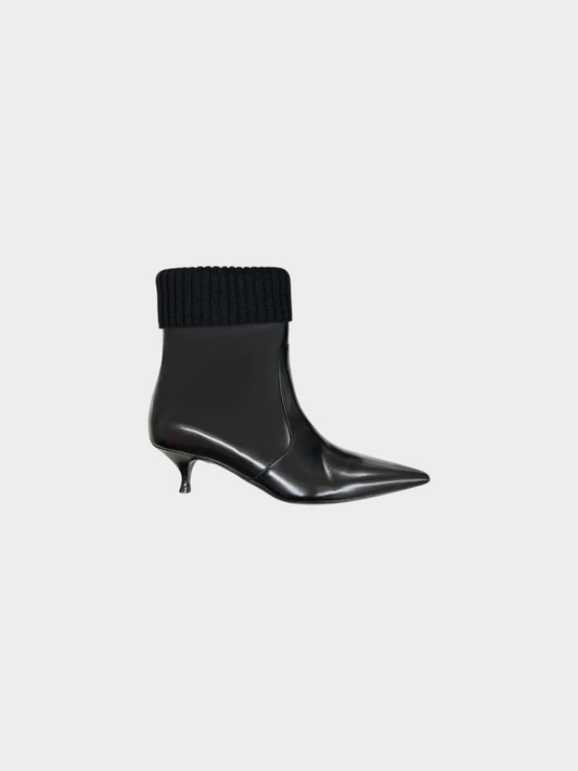 Christian Dior 2010s Black Leather Beat Ankle Boots with Knitted Top