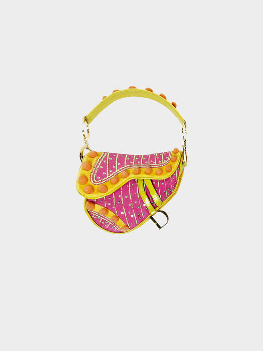 Christian Dior Spring 2002 Limited Edition Pink and Yellow Green Pom Pom Saddle Bag