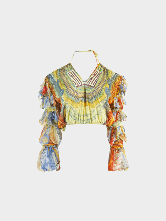 Jean Paul Gaultier 1990s Multicolor Soleil Tribal Prints Ruffled Top