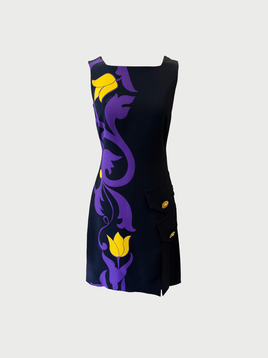 Versace 2010s Black Silk Tulip Print Medusa Button Cocktail Dress