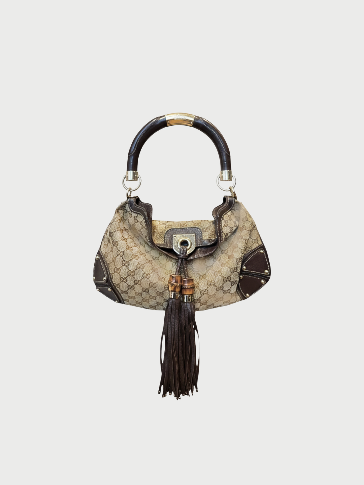Gucci 2000s Brown GG Canvas Bamboo Tassel Indy Bag