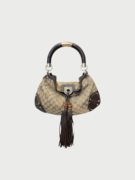 Gucci 2000s Brown GG Canvas Bamboo Tassel Indy Bag