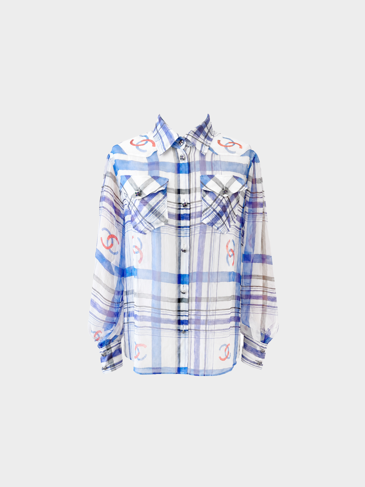 Chanel 2023 Blue White Plaid Silk Chiffon Button Down Shirt
