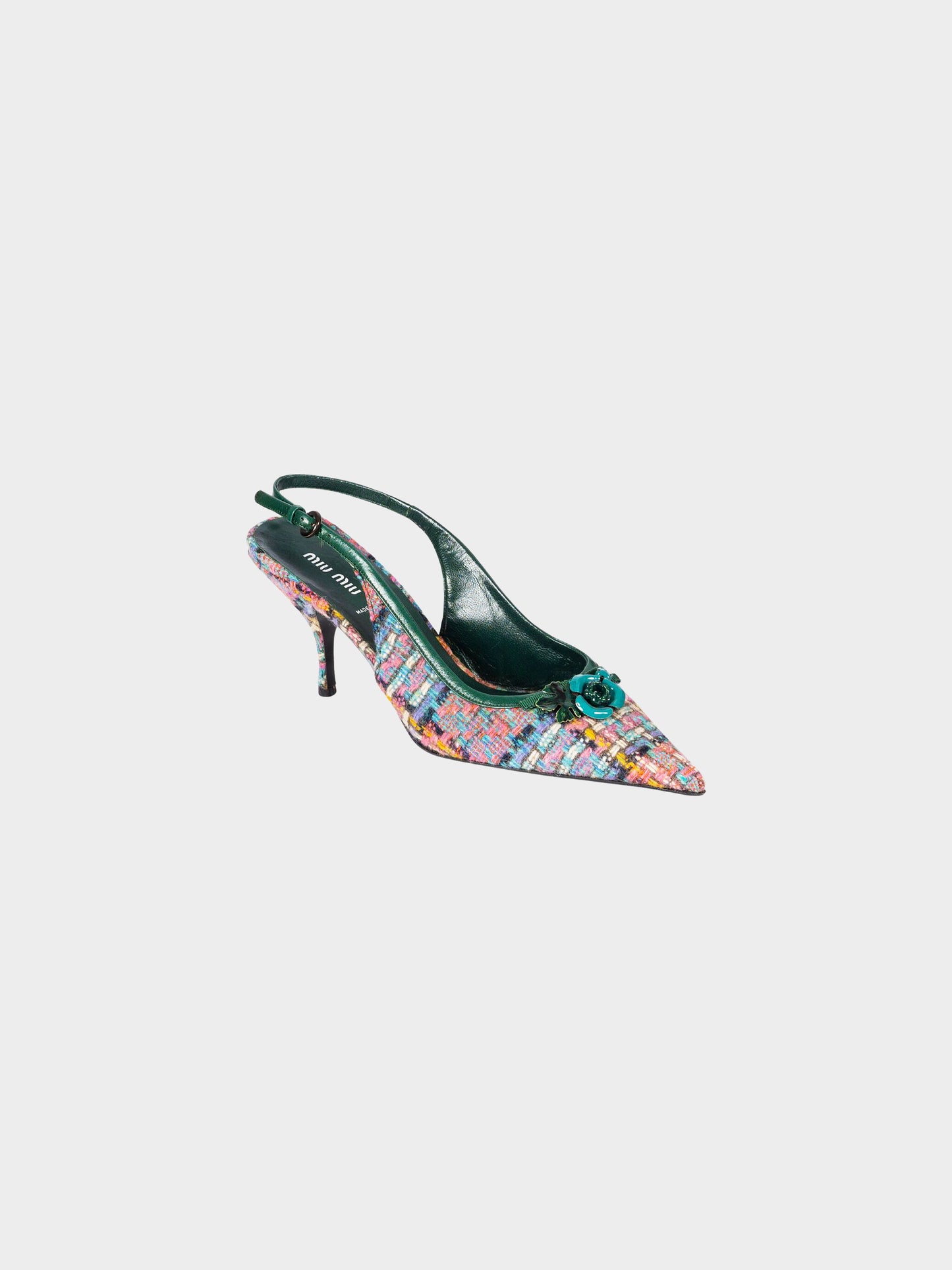 Miu Miu 2000s Multicolor Tweed and Green Leather Slingback Heels