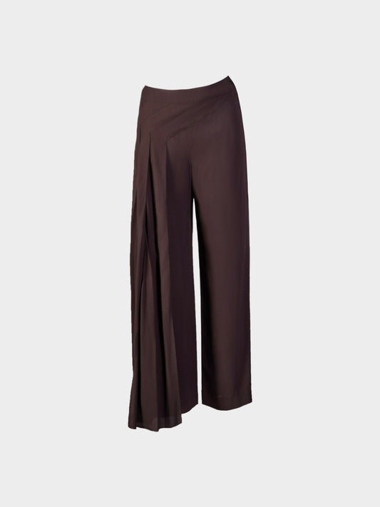 Chanel SS 1999 Brown Silk Crepe Topstitched Pants with Pleats