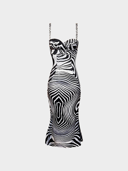 Roberto Cavalli 2000s Black and White Zebra Print Bustier Maxi Dress