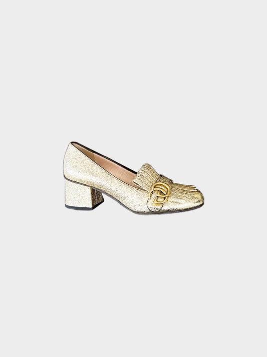 Gucci 2010s Metallic Gold Crinkle Leather Block Heeled Loafers