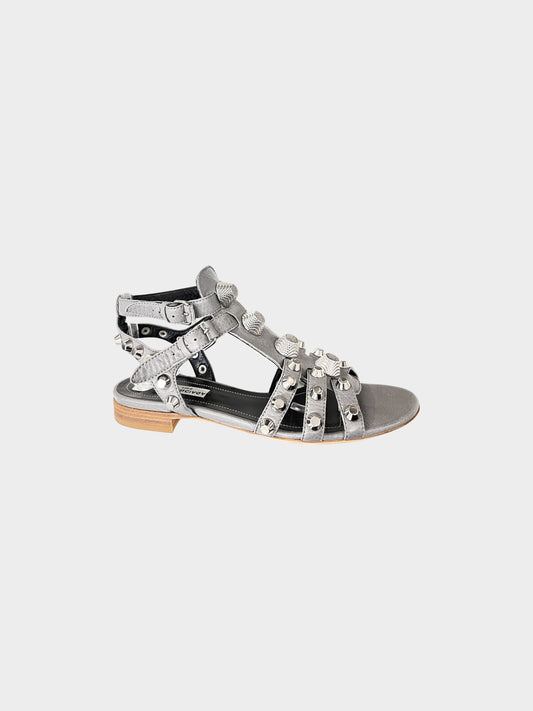 Balenciaga 2010s Grey Leather Studded Gladiator Flat Sandals