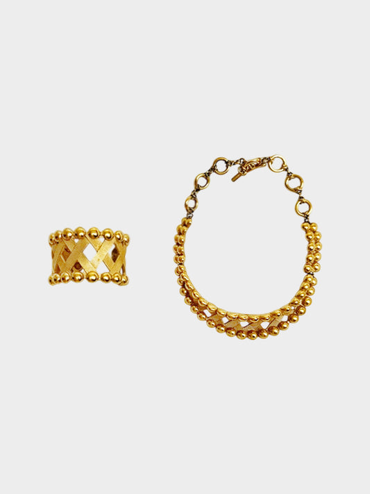 Balenciaga 2000s Gold Crisscross and Stud Necklace and Bracelet Set