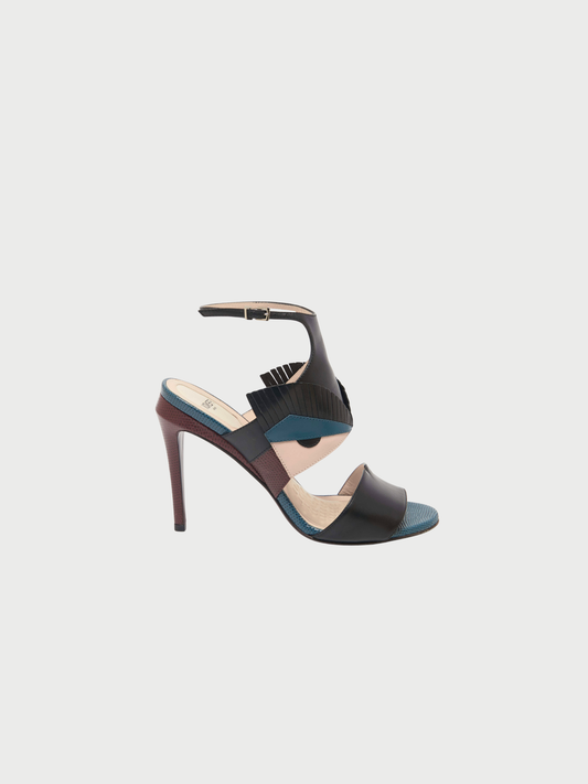 Fendi 2010s Black Blue Calfskin Monster Ankle Strap Sandals