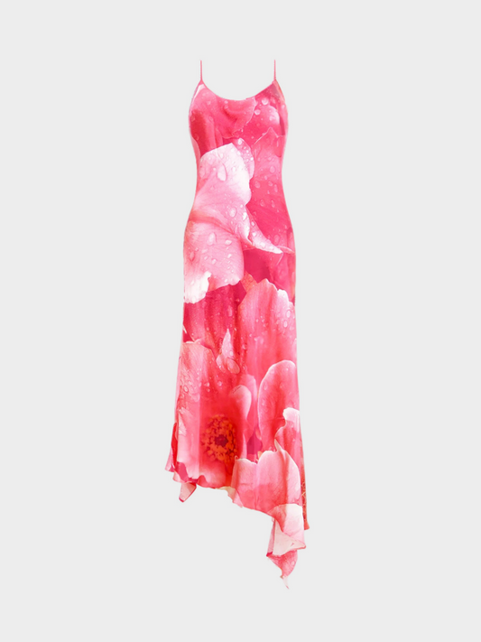 Roberto Cavalli 2000s Runway Pink Flower Printed Silk Maxi Dress