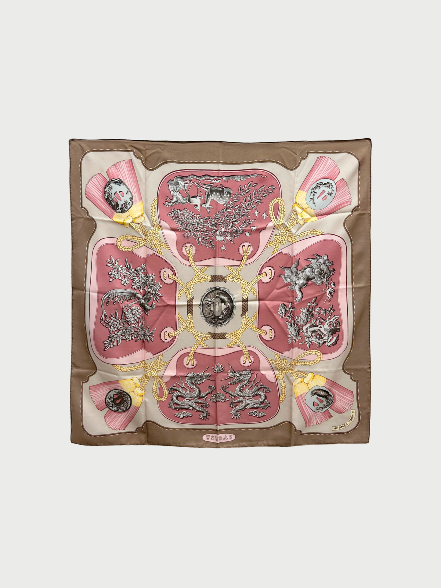 Hermès 2000s Taupe Silk Tsubas Scarf