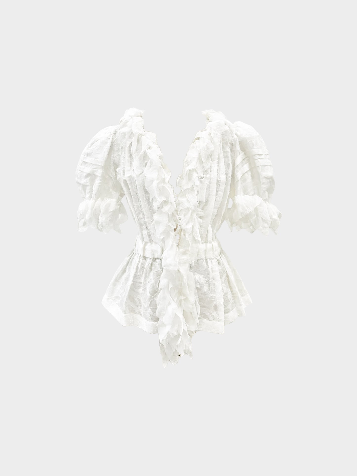 Chanel SS 2010 Ivory White Camellia Ruffled Puff Sleeve Silk Jacket