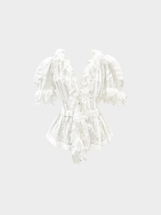 Chanel SS 2010 Ivory White Camellia Ruffled Puff Sleeve Silk Jacket
