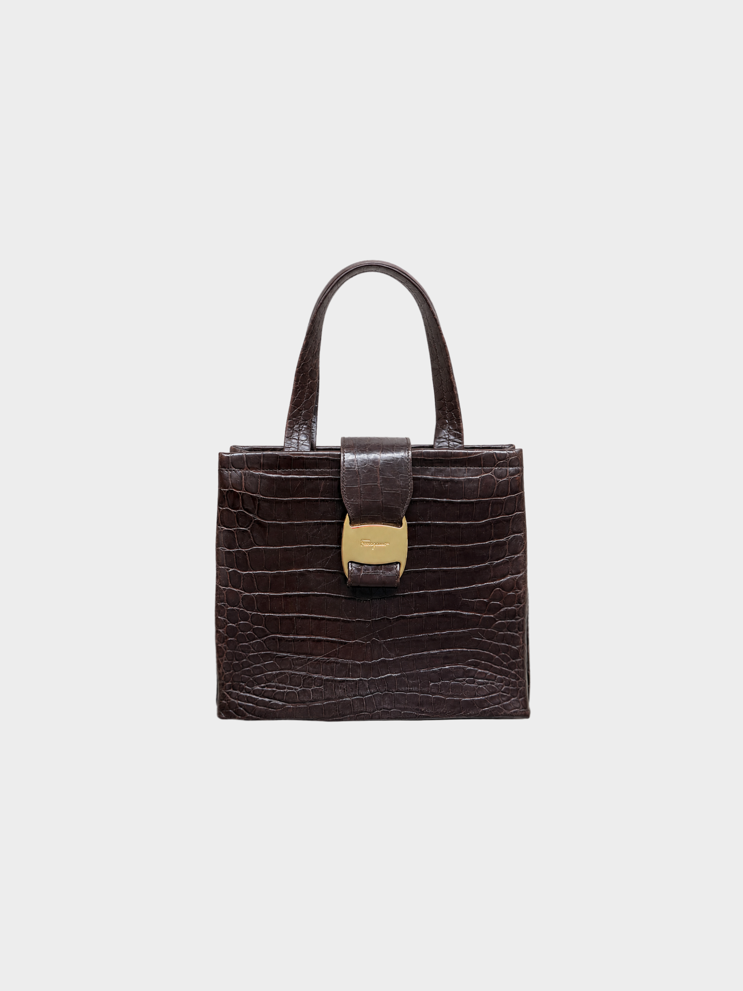 Salvatore Ferragamo 1990s Dark Brown Croc-Embossed Leather Vara Handbag