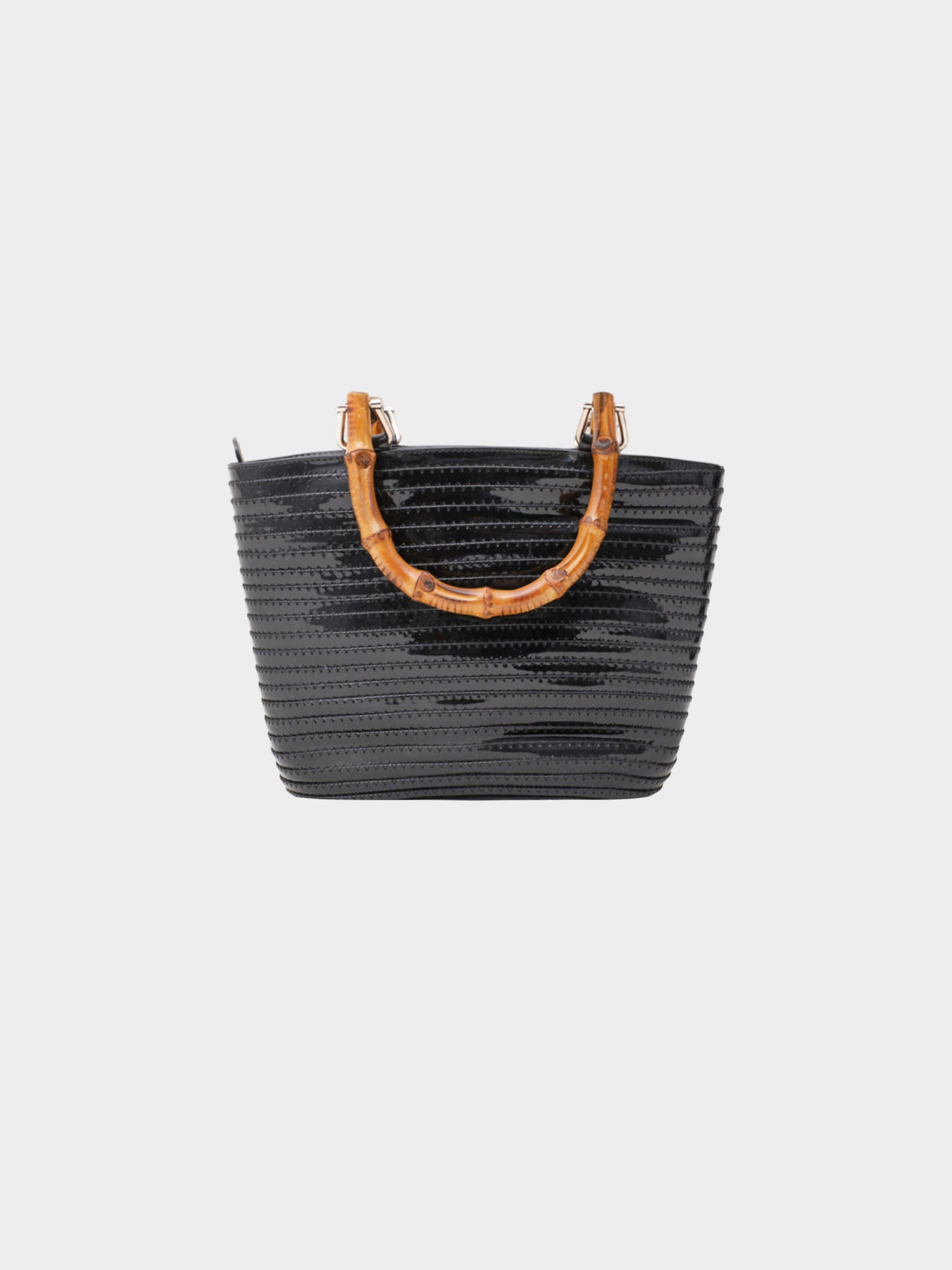 Gucci 1990-2000s Black Stitched Patent Leather Bamboo Tote Bag