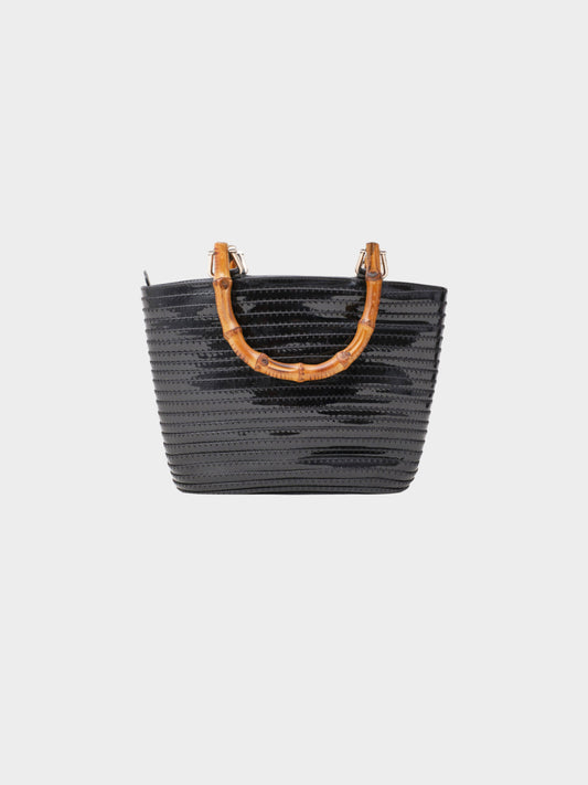 Gucci 1990-2000s Black Stitched Patent Leather Bamboo Tote Bag
