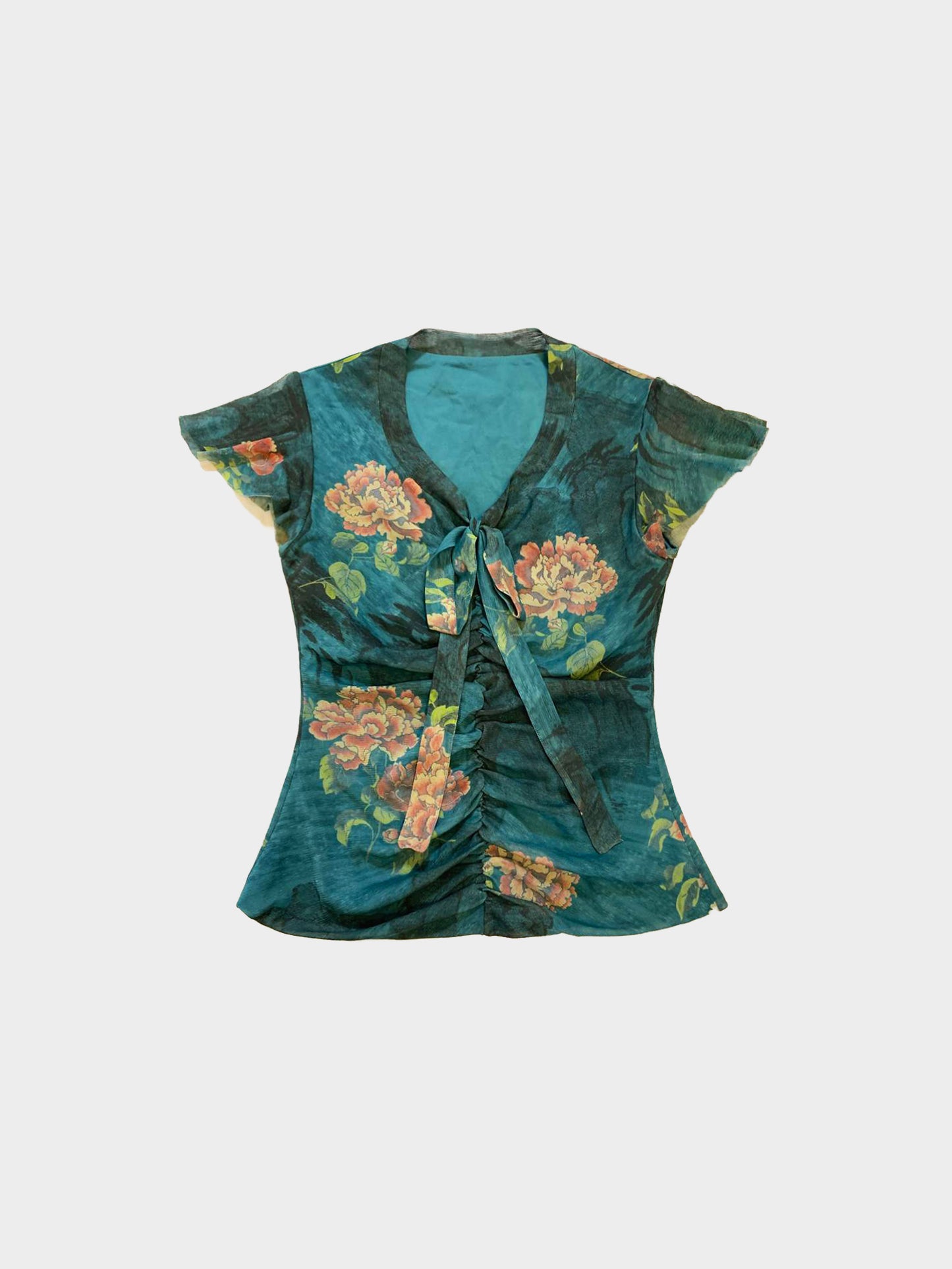 Vivienne Tam 1990s Archival Cut and Sew Floral Print Mesh Top