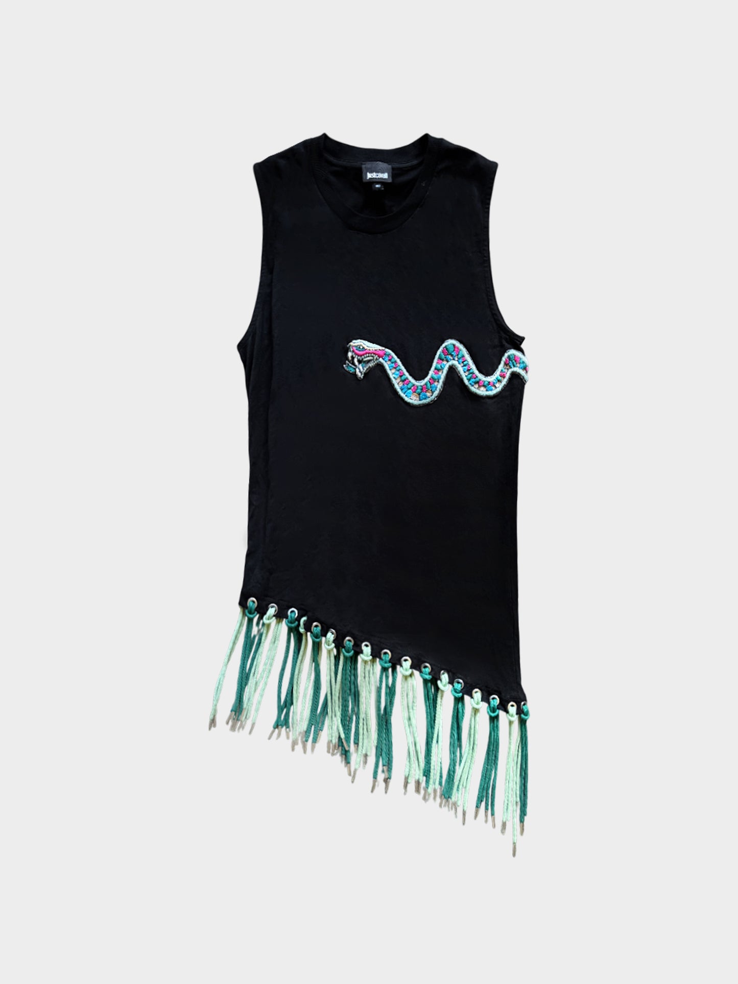Roberto Cavalli 2000s Black Fringed Asymmetrical Dress with Snake Embellishment