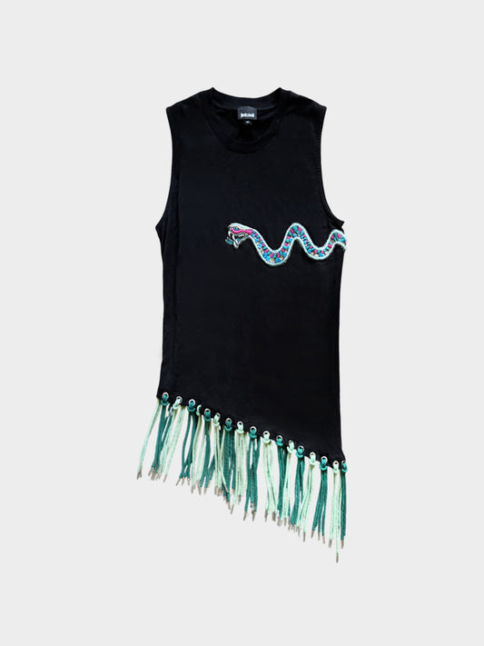 Roberto Cavalli 2000s Black Fringed Asymmetrical Dress with Snake Embellishment