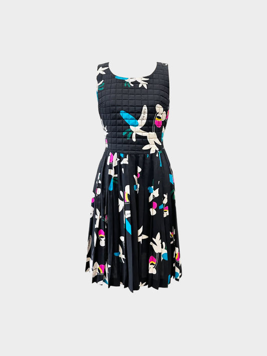 Chanel 2000 Black Silk Floral Print Quilted and Pleated  Dress