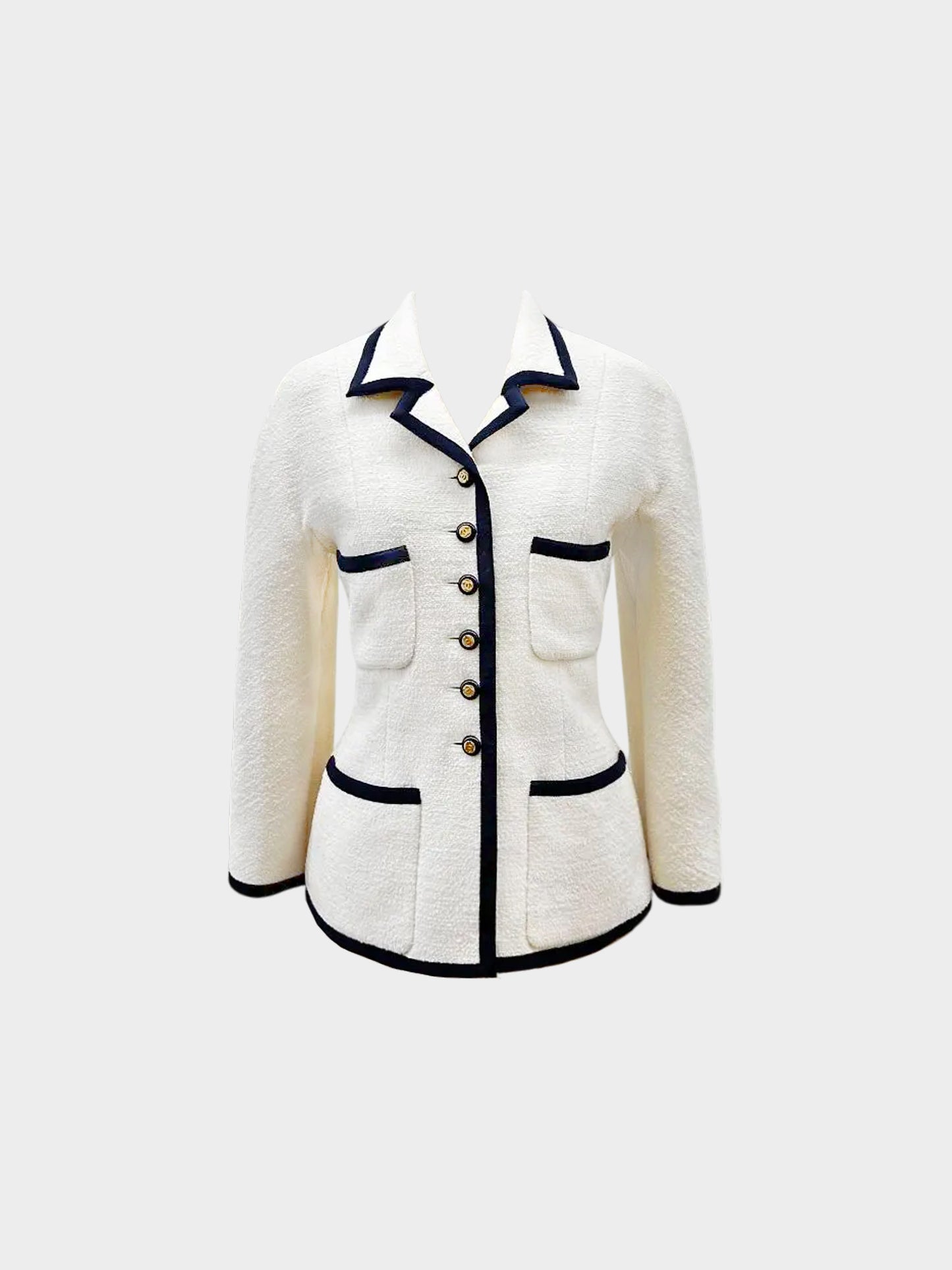 Chanel 1980s Vintage Cream and Navy Wool Blazer
