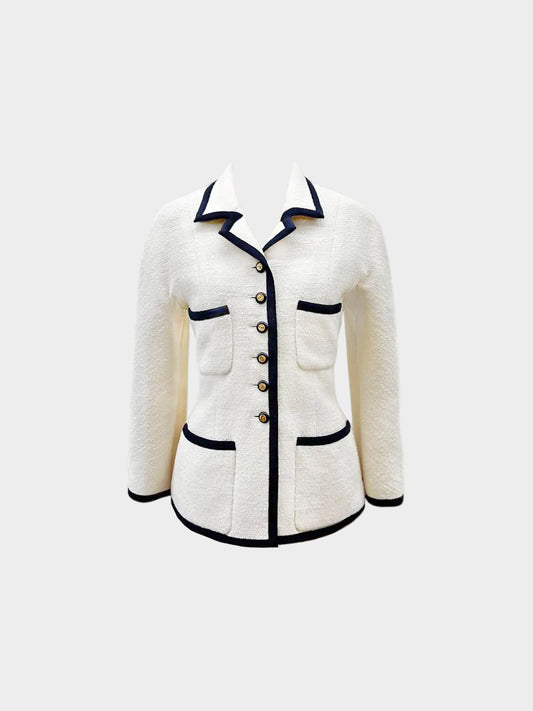 Chanel 1980s Vintage Cream and Navy Wool Blazer