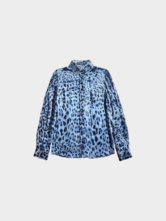 Dolce and Gabbana 2010s Blue Leopard Print Silk Shirt