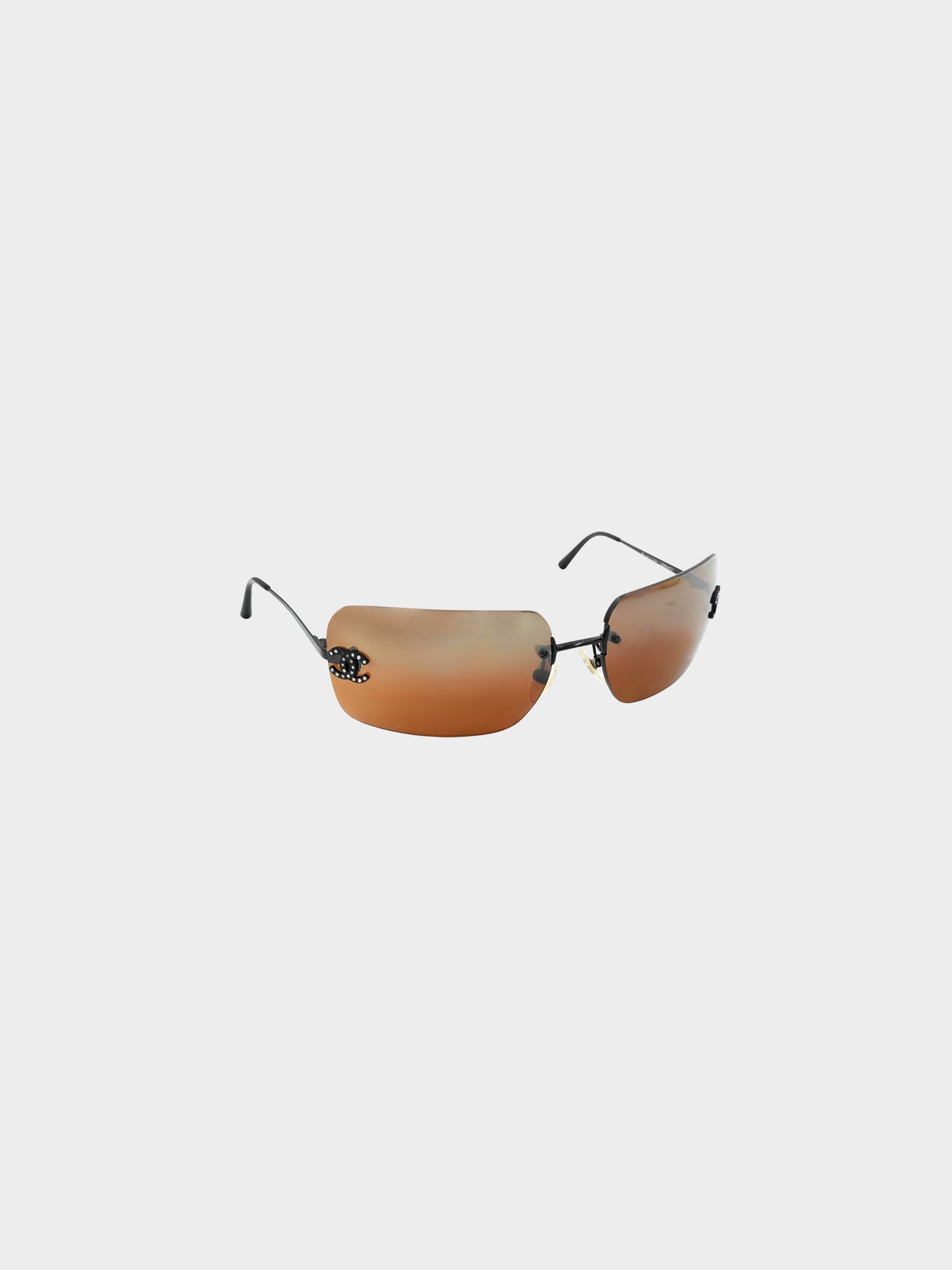 Chanel 2000s Brown Rimless CC and Rhinestones Sunglasses