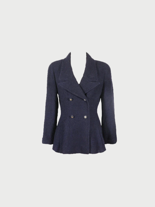 Chanel 1990s Navy Tweed Double Breasted Jacket