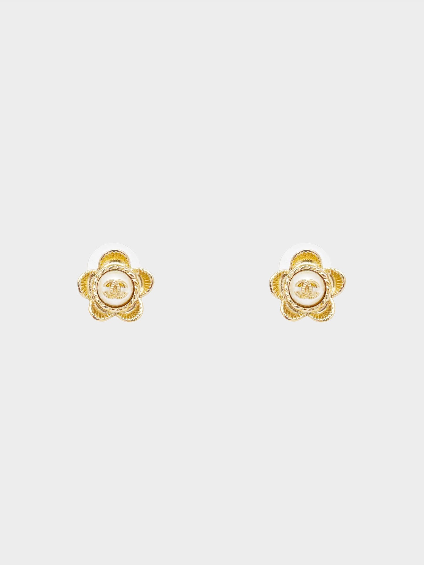 Chanel 2017 Champagne Gold Faux Pearl CC Flower Stud Earrings
