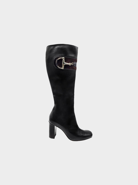Gucci 2010s Black Leather Horsebit Accent Knee Length Boots