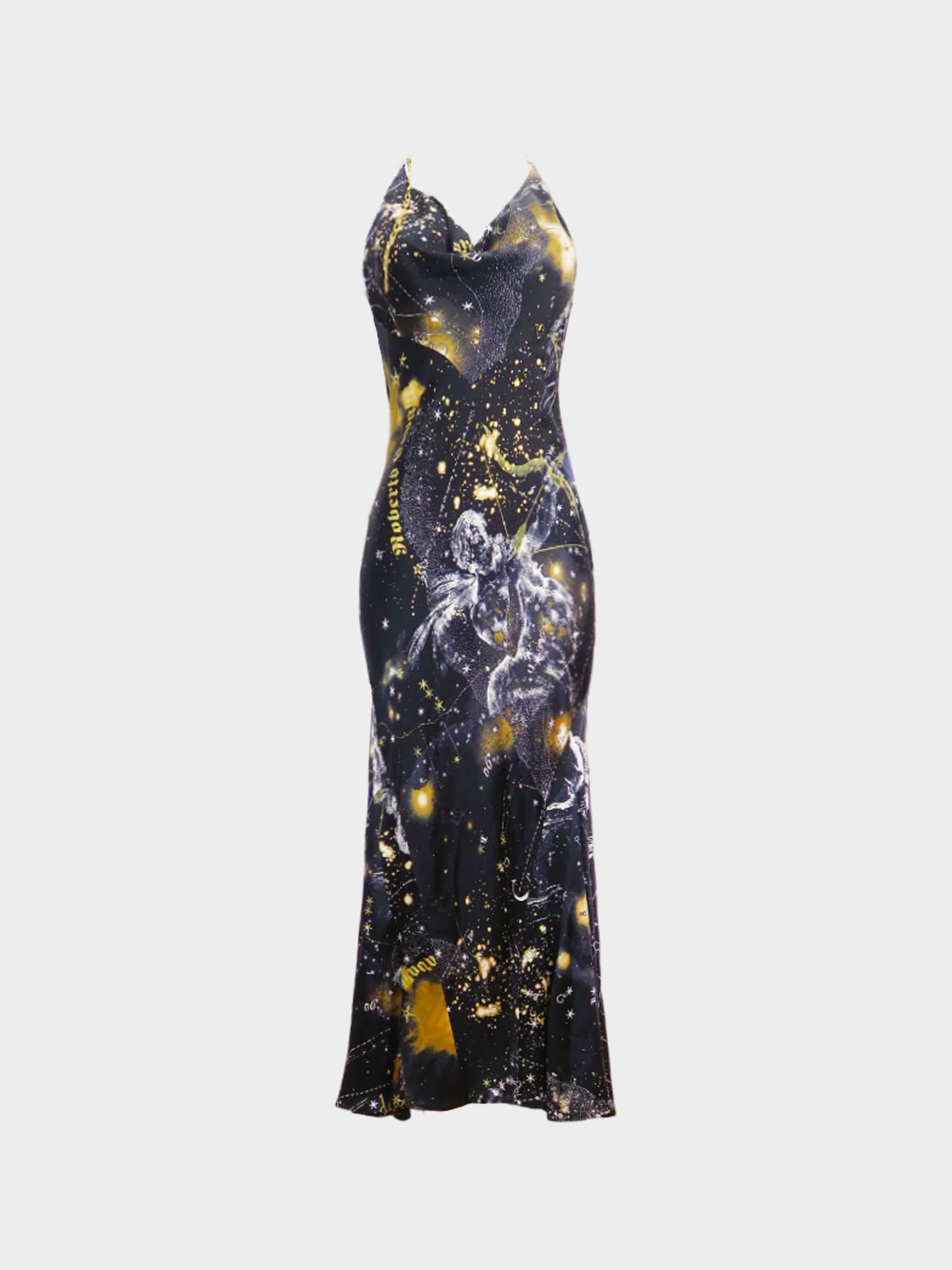 Roberto Cavalli FW 2003 Black Galaxy Print Silk Maxi Dress