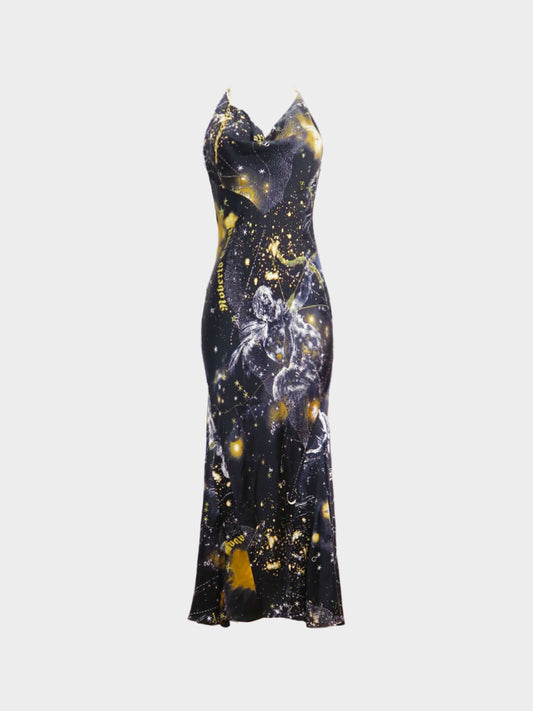 Roberto Cavalli FW 2003 Black Galaxy Print Silk Maxi Dress