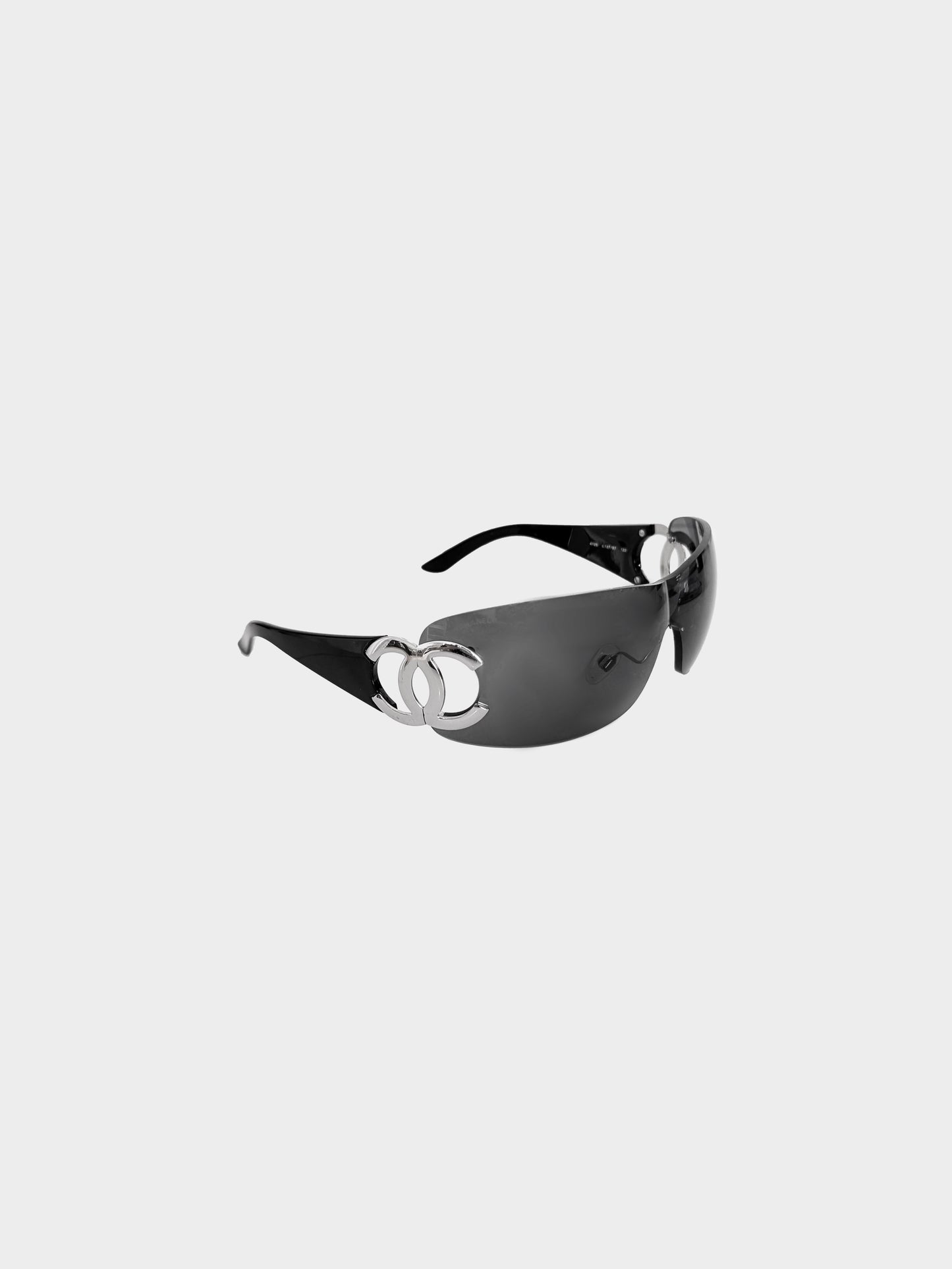Chanel 1990s Black and Silver CC Rimless Shield Sunglasses